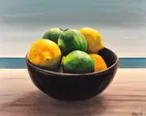 Lemons and Limes by Janine Wing, Acrylic on board, sold Nov 2023