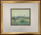 A view over green pasture with a church and buildings on a misty by Brüer Tidman, 1979, acrylic, sold Nov 2023
