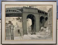 Robert Stephenson's High Level Bridge by Richard Bawden, lithograph, sold Nov 2023