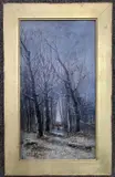 An avenue of trees with a central figure by Octavius Clark, oil on canvas, sold Oct 2023