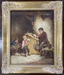 Interior school room scene by Mark W. Langois, oil on canvas, sold Oct 2023