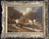 A rural community scene by John Micheal Parker, oil on canvas, sold Oct 2023