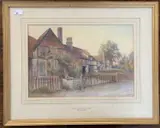 Cottages at Cropthorne-on-Avon, Worcestershire by James Aitken, watercolour, sold Oct 2023