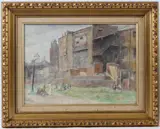 Children playing behind tenement blocks by George Weissbort, 1957, watercolour, offered Dec 2025