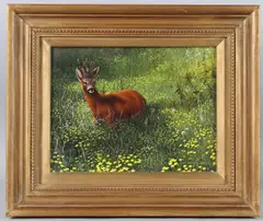 Deer in a flower meadow by Terence Lambert, oil on canvas, sold Nov 2025