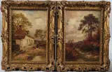 View of a cottage with figures feeding hens by Fred J. Knowles, oil, sold Nov 2025