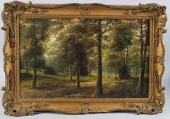 Figure on a woodland path by George Willis-Pryce, oil on board, sold Nov 2025