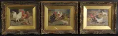 Farmyard scenes of chickens by Claude Cardon, oil, sold Nov 2025