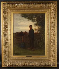 Boy by a fence with cattle by Bernard Blommers, oil on panel, offered Nov 2025