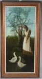 Girl feeding geese another looking on by Hilary Briscoe, oil on canvas, sold Nov 2025