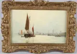 Fishing boats in harbour by Henry Martin, oil on canvas, sold Nov 2025
