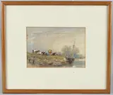 Moored boat and cattle on a river bank by Frederick Earp, watercolour, sold Nov 2025