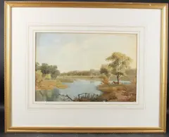 Landscape with river and stately home by Thomas Pyne, watercolour, sold Nov 2025