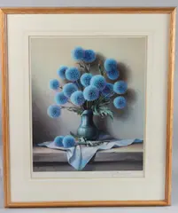 Vase of blue flowers by Robert Chailloux, print, sold Nov 2025