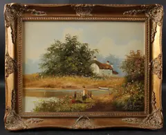Children fishing on a riverbank by Les Parson, oil on canvas, sold Oct 2025