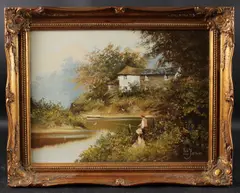 Children fishing on a riverbank by Les Parson, oil on canvas, sold Oct 2025