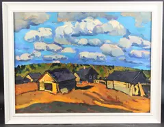 Village under a cloudy sky by Yuri Matushevski, oil on board, offered Oct 2025