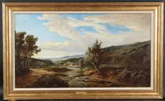 River landscape with distant church and figures by Edmund John Niemann, oil on canvas, offered Oct 2025