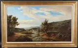 River landscape with distant church and figures by Edmund John Niemann, oil on canvas, offered Oct 2025