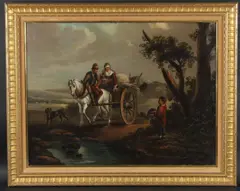 Country path with a couple in a cart and boy at the roadside by Karel Frans Philippeau, oil on canvas, offered Oct 2025