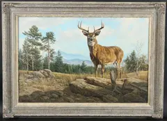 Stag in a mountain landscape by Willem Sternberg de Beer, oil on canvas, sold Oct 2025