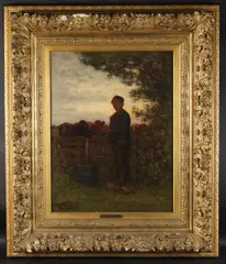 Boy by a fence with cattle by Bernard Blommers, oil on panel, offered Oct 2025