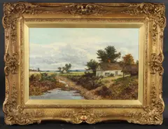 Landscape with figures and cottages by a brook by Benjamin Williams Leader, 1901, oil on canvas, offered Oct 2025