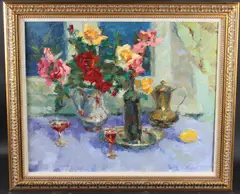 Still life with roses by Mikhail Zharov, oil on canvas, offered Oct 2025