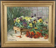 Pansies and other flowers in a wooden planter by Eugène Claude, oil on canvas, offered Oct 2025