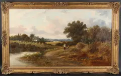 Landscape with two women resting by the bend in a river by James Edwin Meadows, 1868, oil on canvas, sold Oct 2025