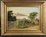 Landscape with figures on a country lane by J W Topham, 1891, oil on canvas, offered Oct 2025