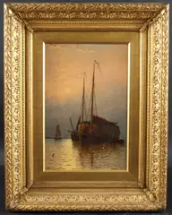 Moored ships at dusk by George Stanfield Walters, 1889, oil on canvas, sold Oct 2025