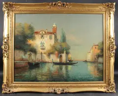 Venetian canal with gondelier by Colette Bouvard, oil on canvas, offered Oct 2025