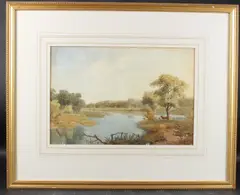 Landscape with river and stately home by Thomas Pyne, watercolour, offered Oct 2025