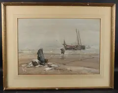 Fisherfolk sorting the catch by Dudley Hardy, 1901, watercolour, sold Oct 2025