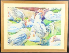 Chickens in a yard by Anna Cherednichenko, watercolour, offered Oct 2025