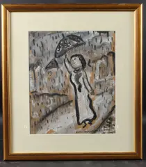 Woman with an umbrella in the rain by Dora Holzhandler, 2002, watercolour, sold Oct 2025