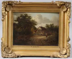 Figures on a wooded path before a cottage by Patrick Nasmyth, oil on panel, sold Aug 2025