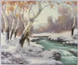 Winter landscape with trees and river by Bela Gabris, oil on canvas, offered Aug 2025