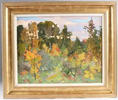Woodland view with Autumn shades by Yuri Matushevski, oil on board, offered Aug 2025