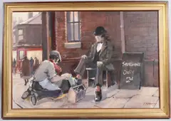 Street scene with Shoeshine by Tom Brown, oil on board, offered Aug 2025