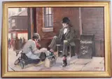 Street scene with Shoeshine by Tom Brown, oil on board, offered Aug 2025