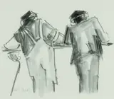 Farmers on a Rail by Mike Jones, watercolor, sold Apr 2024
