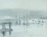 Conté and wash - harbour view with yachts by William Selwyn, watercolor, sold Apr 2024