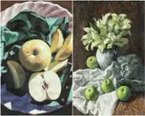 Lilies, apples and head by Bryn Richards, oil, sold Apr 2024