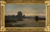 Riverscape with boats and buildings in distance by Hans Licht, oil on canvas, sold Apr 2024