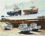 watercolour - Fishing Boats, Beer, Devon, signed, 28 x 45.5cms ; The Harbour, by Max A. S. Hamblen, watercolour, sold Apr 2024