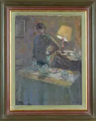 Interior scene with table lamp by Jacqueline Williams N.E.A.C., oil on canvas, sold Mar 2024