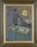 Interior scene with table lamp by Jacqueline Williams N.E.A.C., oil on canvas, sold Mar 2024