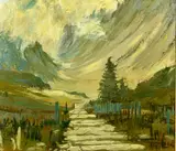 Valley and trees by Ieuan Meirion Pugh, oil on canvas, offered Mar 2024